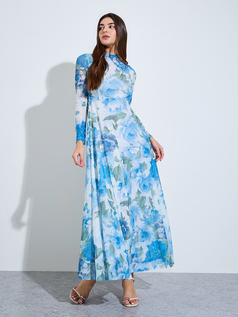 Blue Floral A-Line Maxi Dress with Long Sleeves