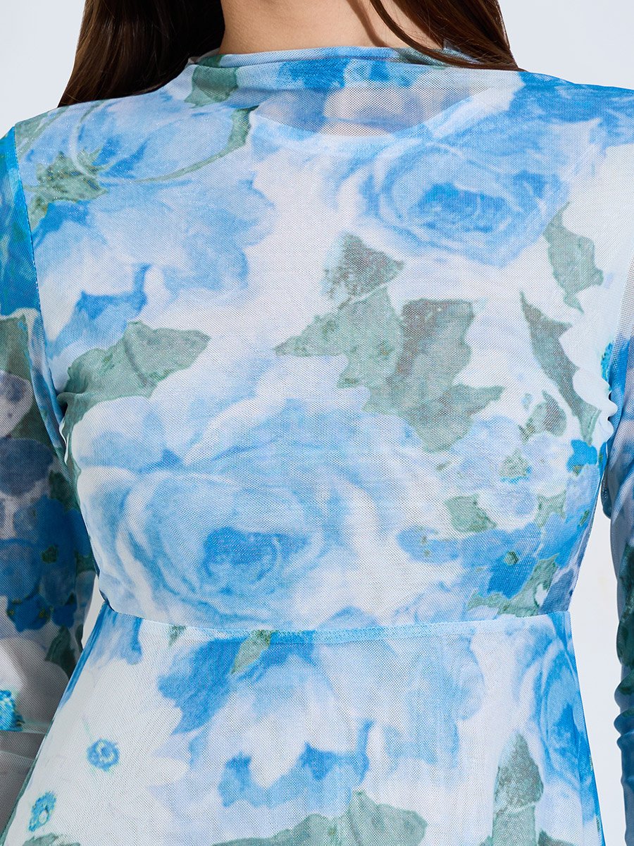 Blue Floral A-Line Maxi Dress with Long Sleeves