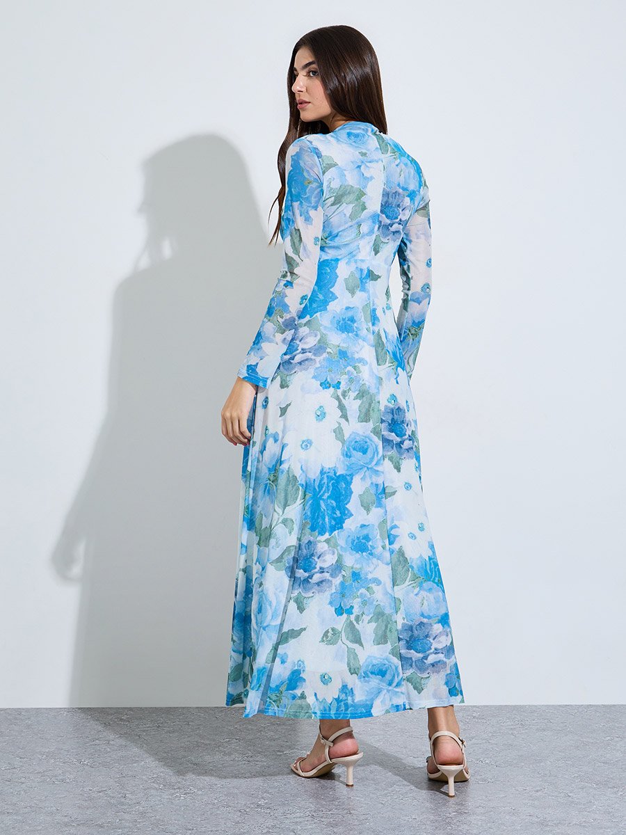 Blue Floral A-Line Maxi Dress with Long Sleeves