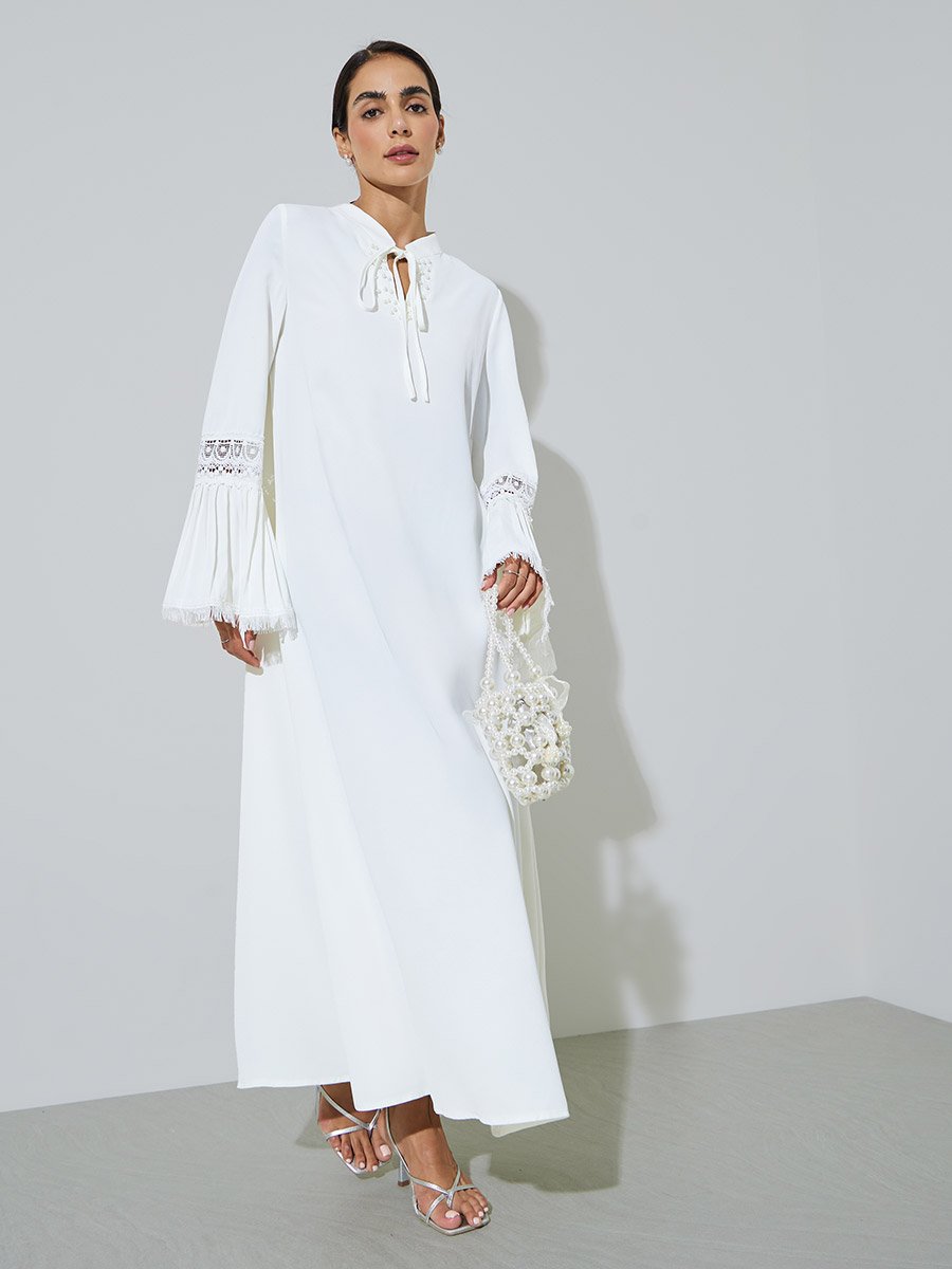 White Solid Cuff Pleated Lace Detail Jalabiya