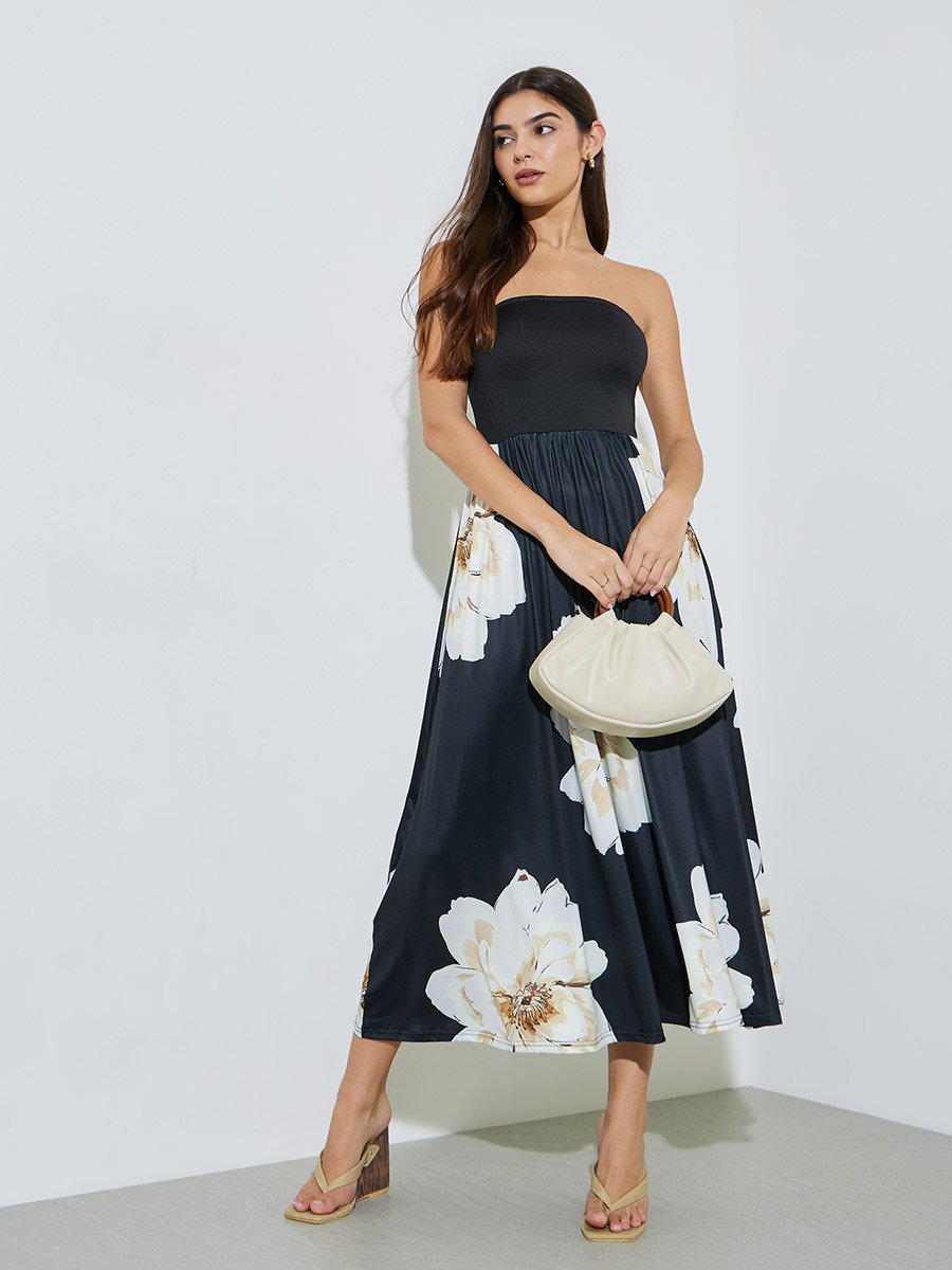 Black Floral Print A-Line Midi Dress 