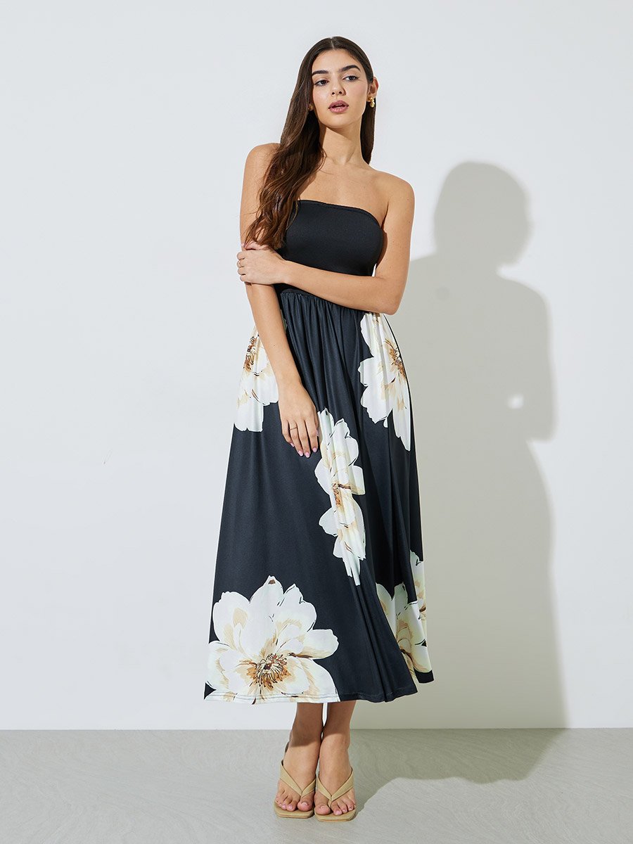Black Floral Print A-Line Midi Dress 