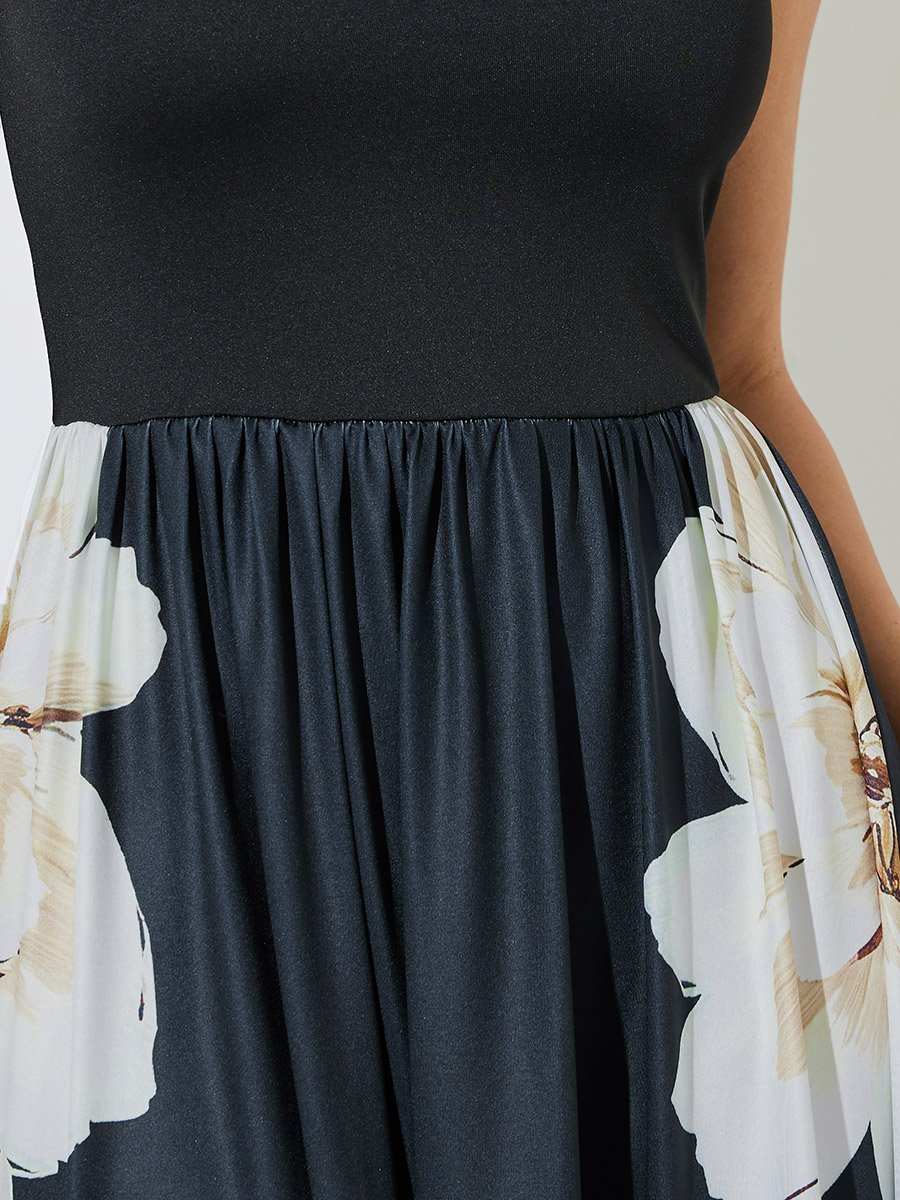 Black Floral Print A-Line Midi Dress 