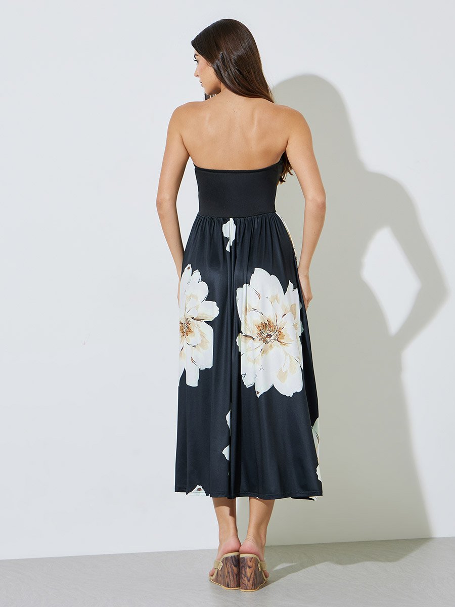 Black Floral Print A-Line Midi Dress 