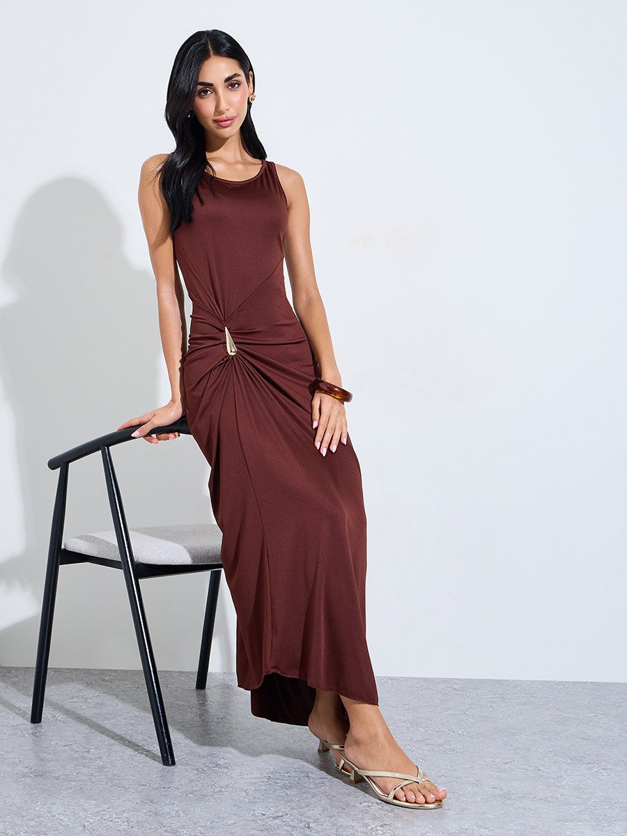Brown Side-Waist Metal Embellishment Maxi Dress