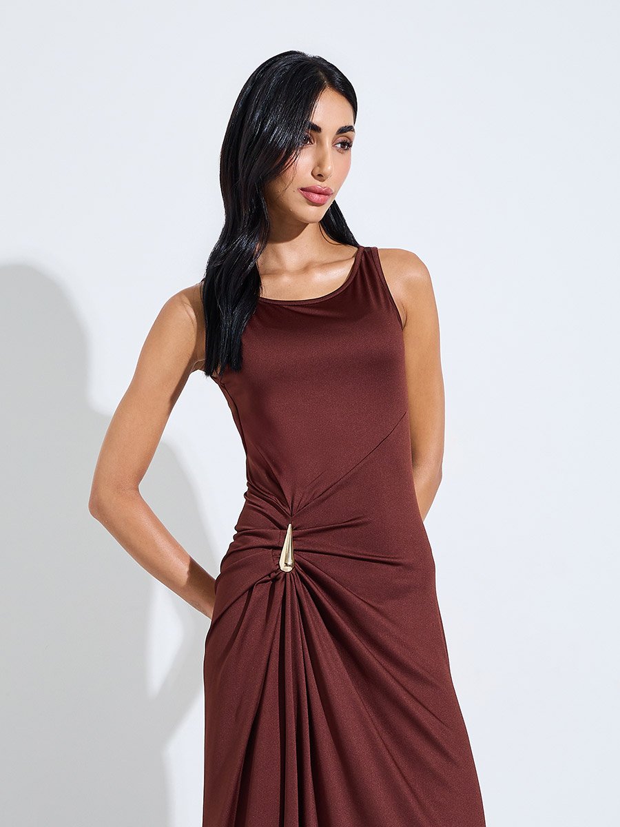 Brown Side-Waist Metal Embellishment Maxi Dress