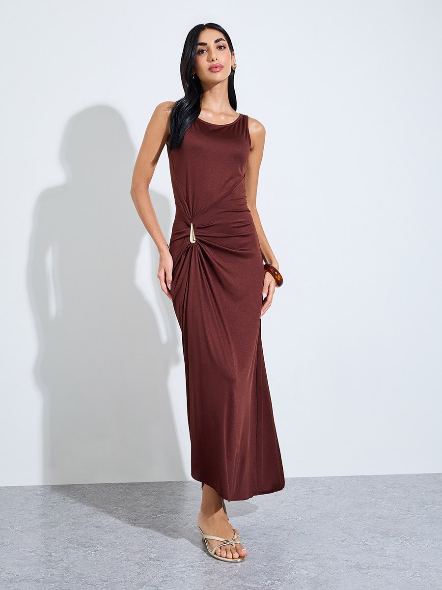 Brown Side-Waist Metal Embellishment Maxi Dress