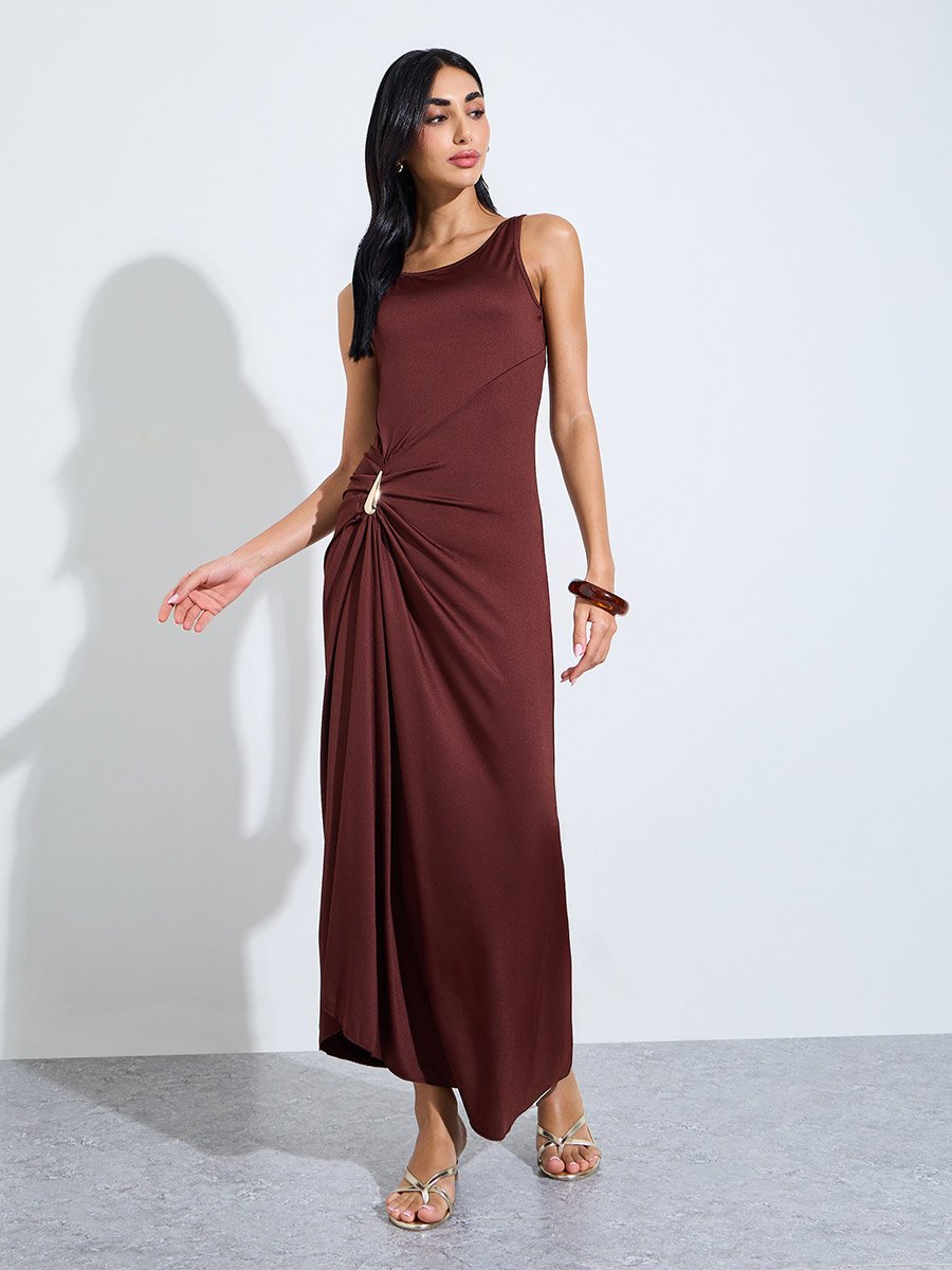 Brown Side-Waist Metal Embellishment Maxi Dress