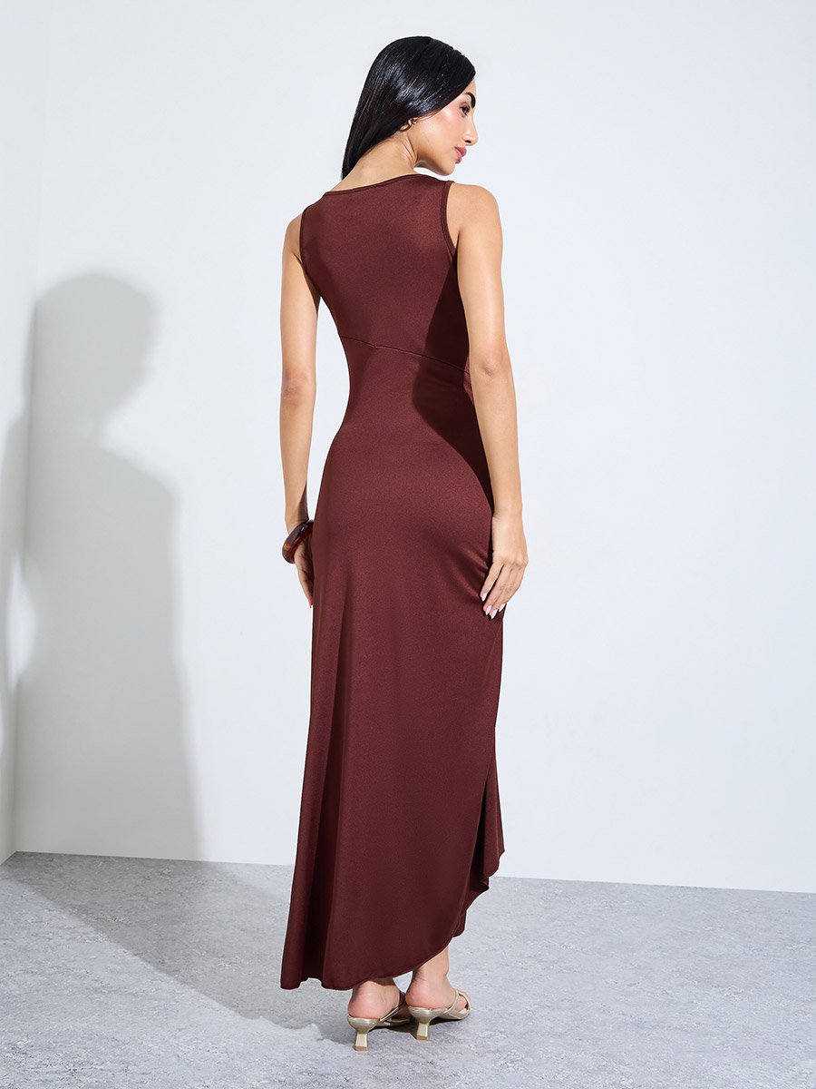 Brown Side-Waist Metal Embellishment Maxi Dress