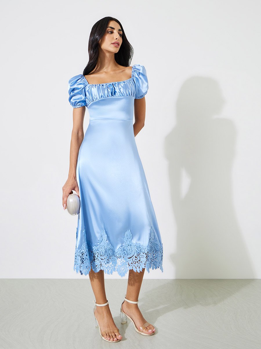 Blue Solid Lace Hem Puff Sleeves Midi Dress