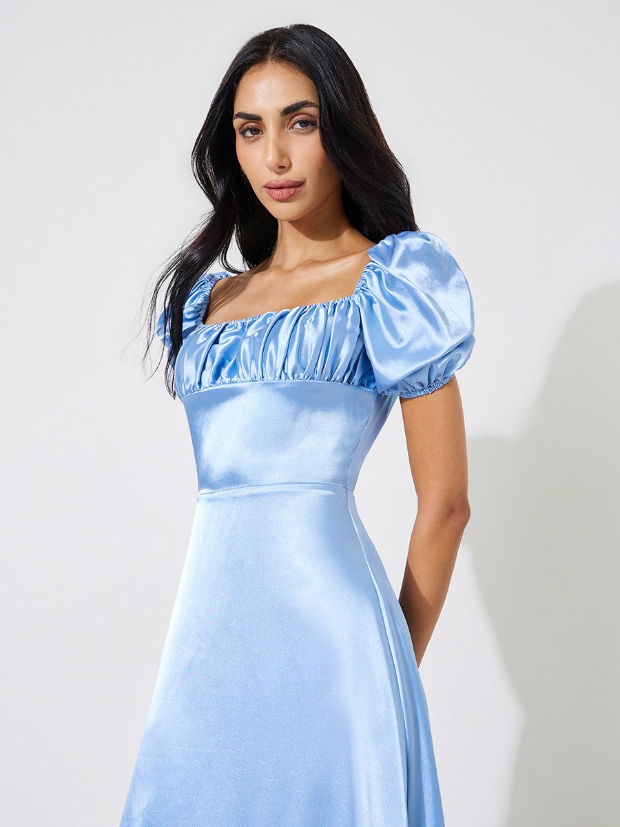 Blue Solid Lace Hem Puff Sleeves Midi Dress