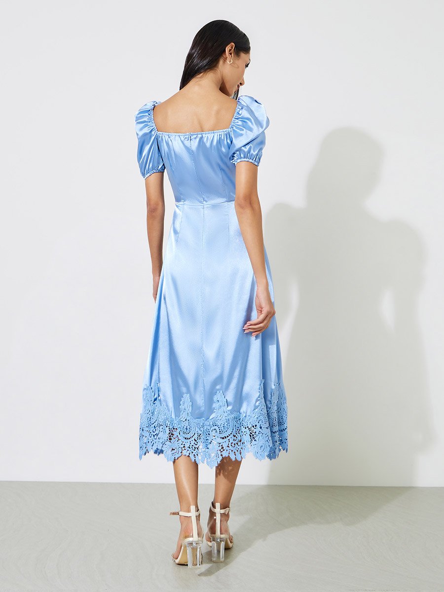 Blue Solid Lace Hem Puff Sleeves Midi Dress