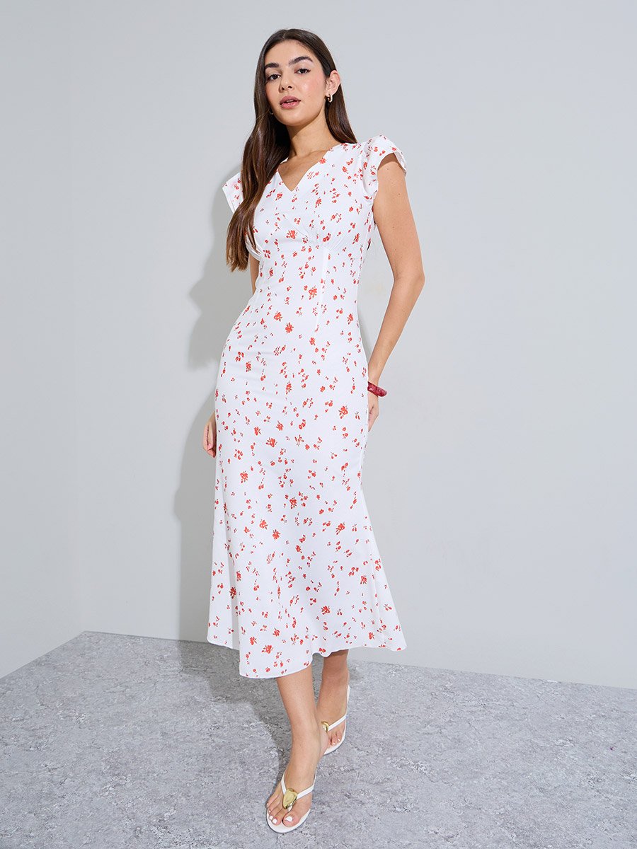 White Floral Print Sleeveless Flare Midi Dress