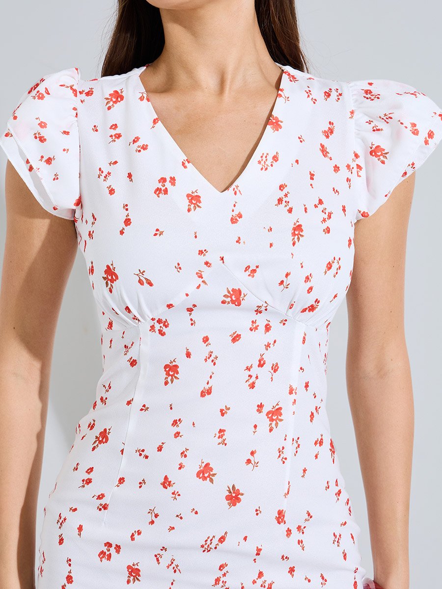 White Floral Print Sleeveless Flare Midi Dress