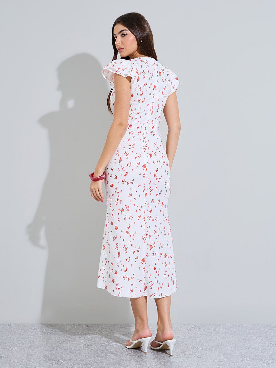 White Floral Print Sleeveless Flare Midi Dress
