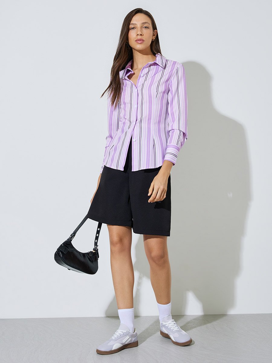 Purple Striped Long Sleeve Fitted Shirt