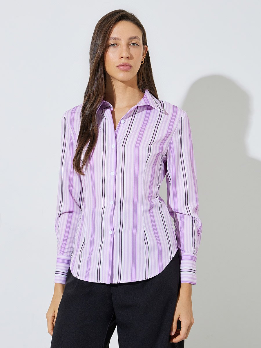 Purple Striped Long Sleeve Fitted Shirt