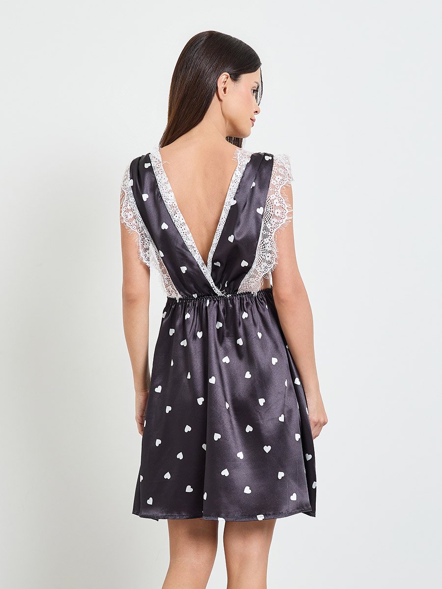 Black Heart Print Satin Slip Dress with Lace Trim