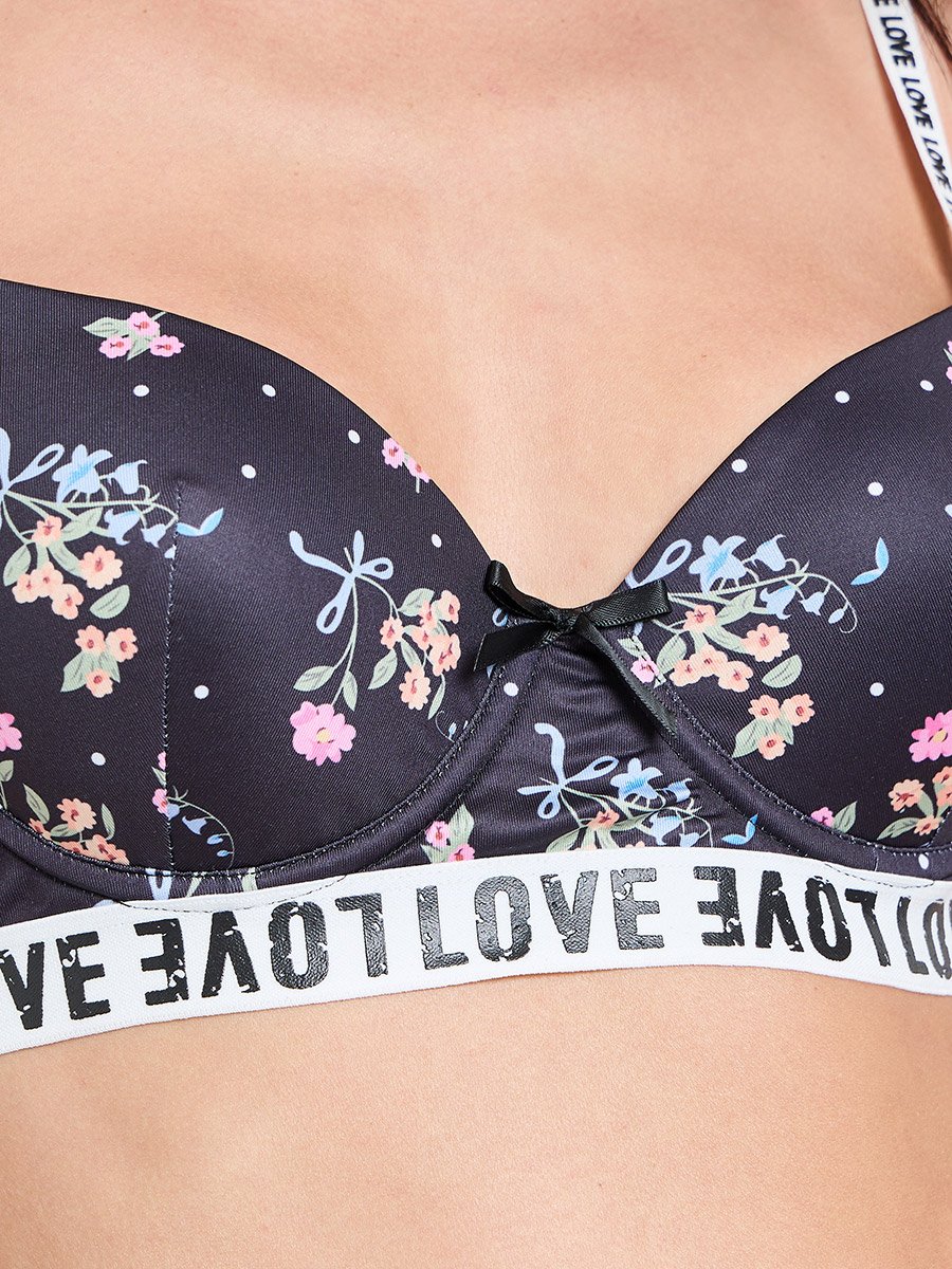 Black Floral Demi Bra and Thong Lingerie Set