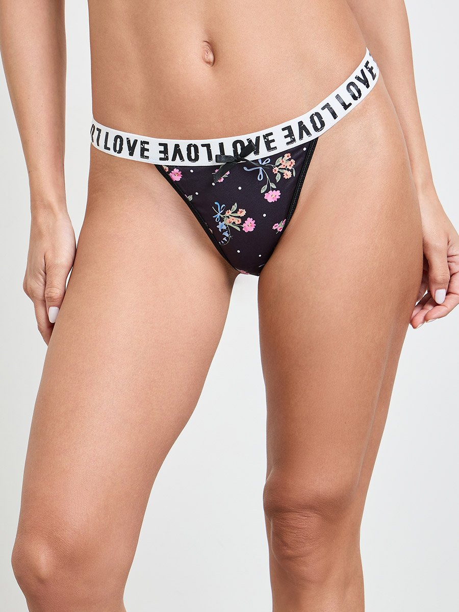 Black Floral Demi Bra and Thong Lingerie Set