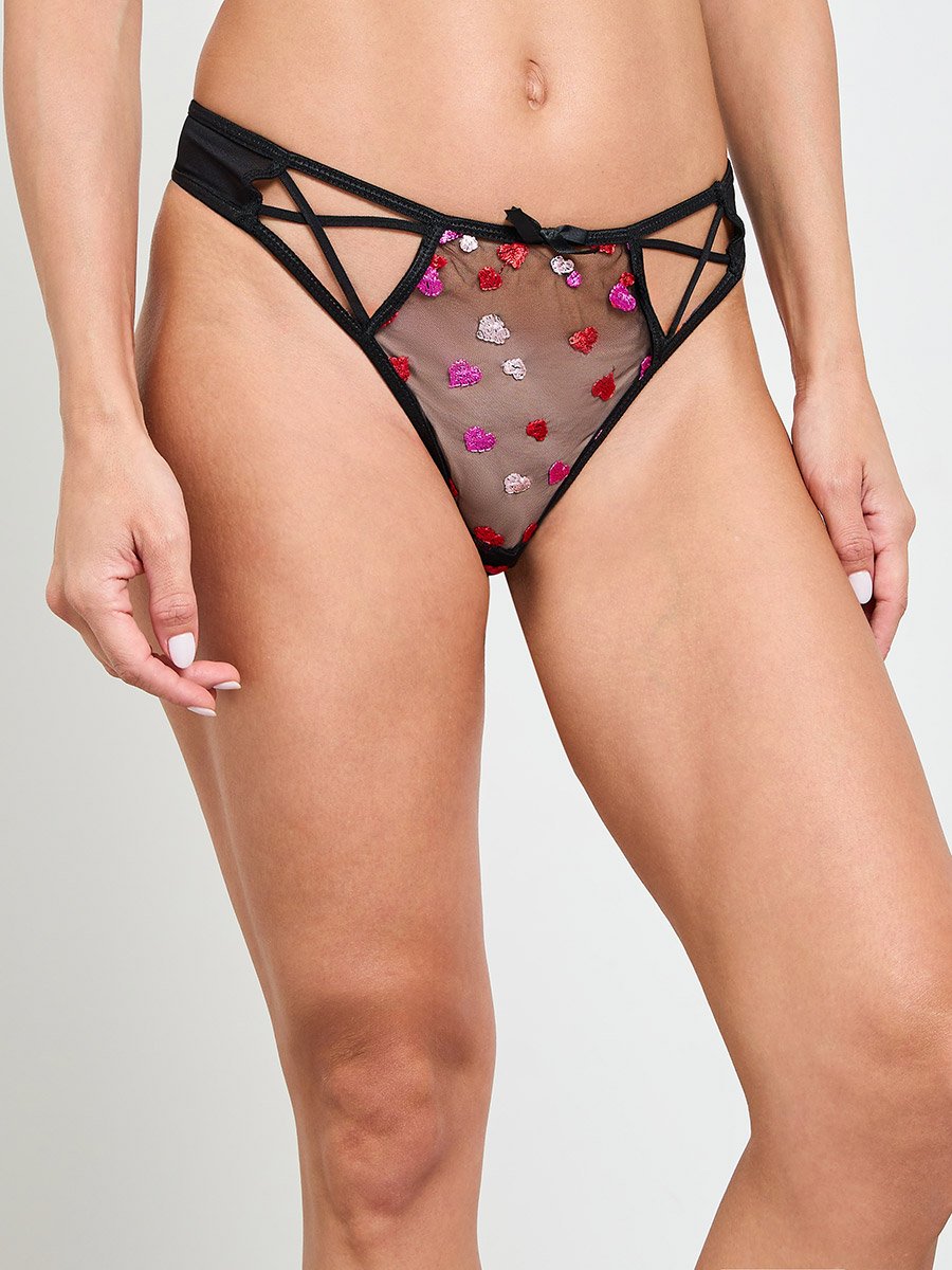 Black Heart Embroidery Wired Bra and Thong Lingerie Set