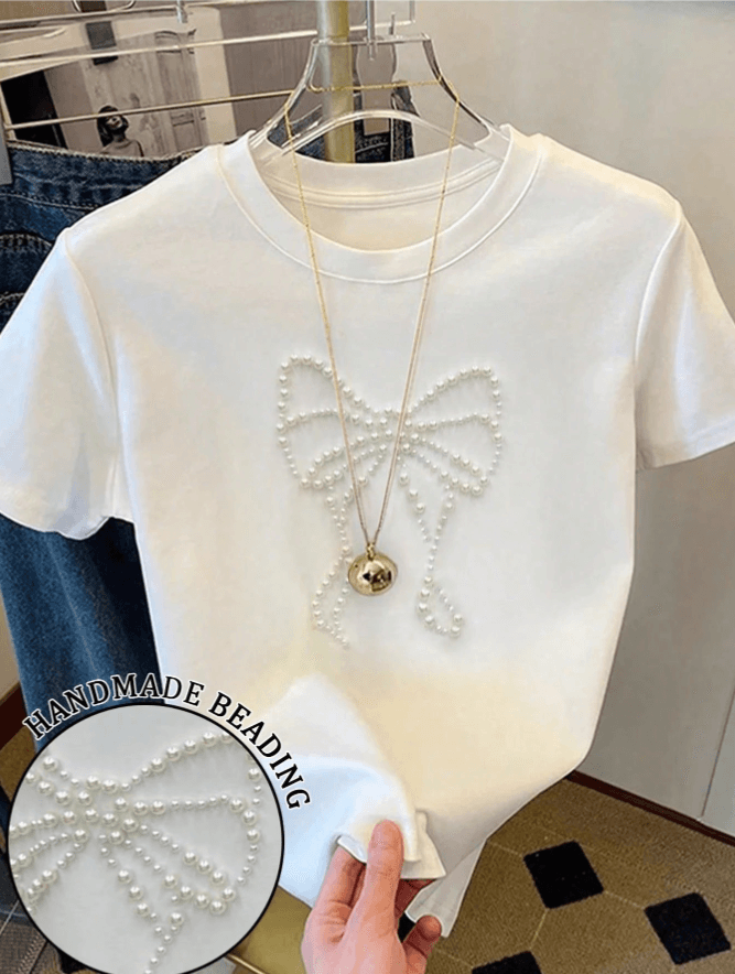 White Pearl Embellished Short Sleeve T-Shirt