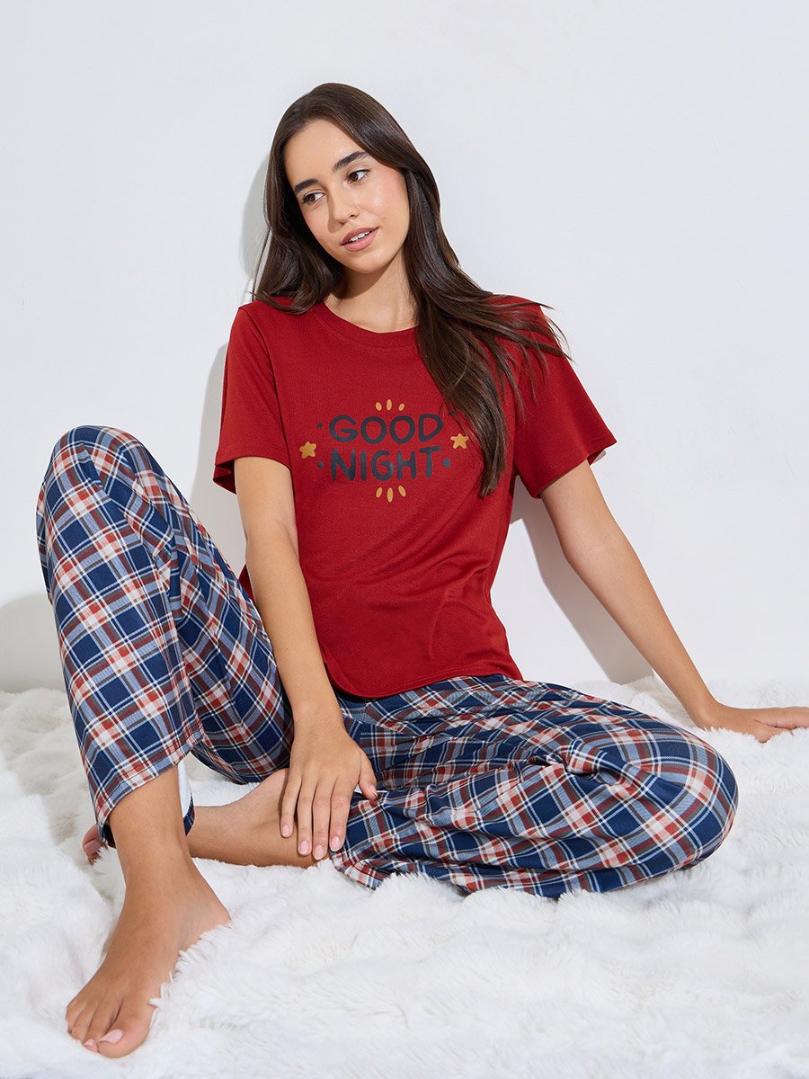 Red Slogan T-Shirt and Checked Pyjama Set