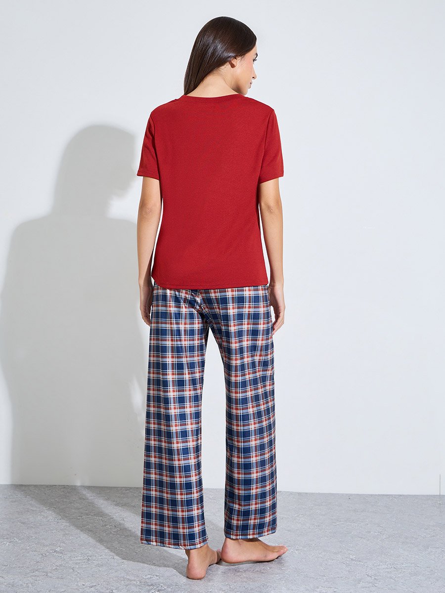 Red Slogan T-Shirt and Checked Pyjama Set