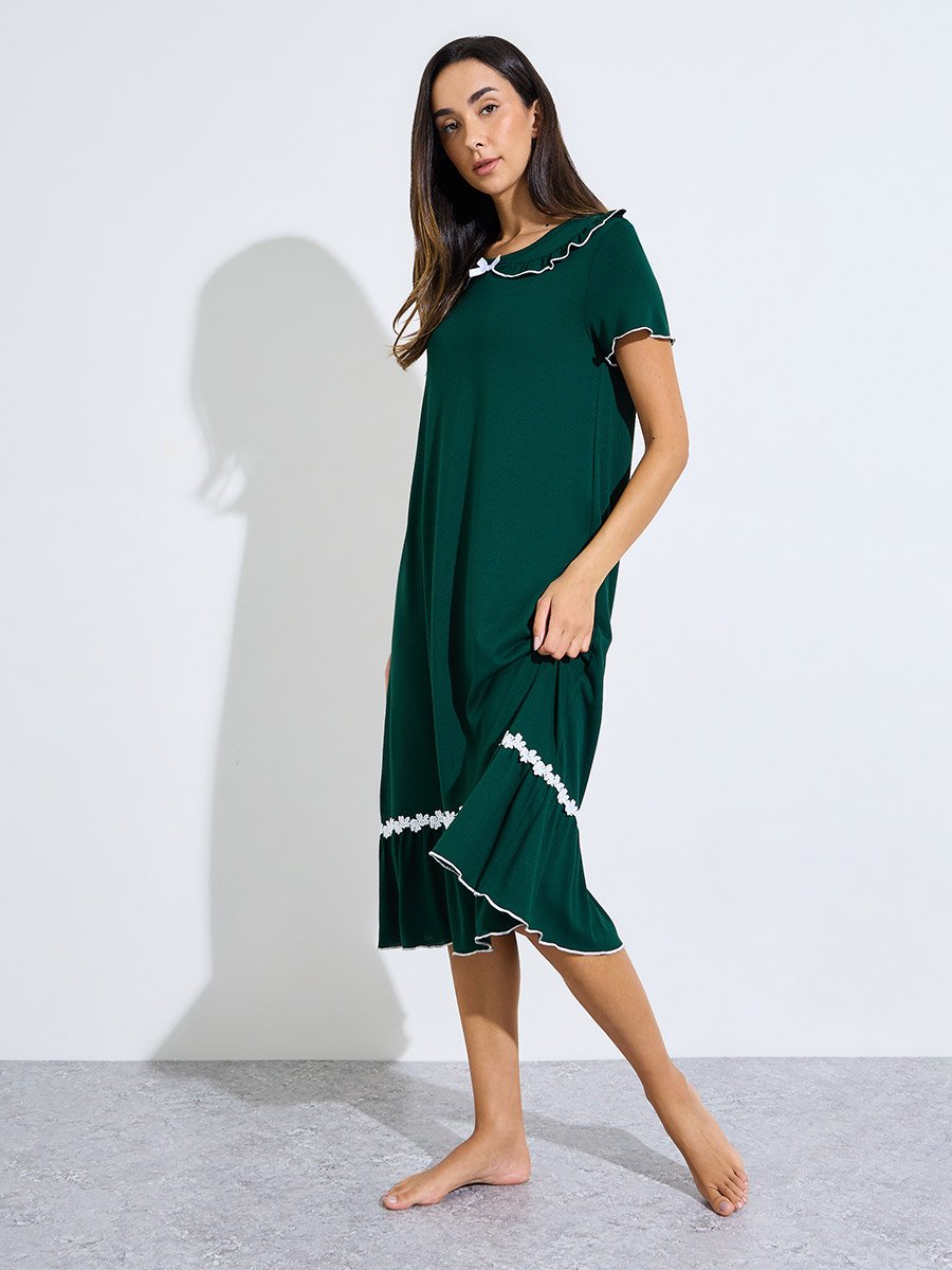 Green Short Sleeve Ruffle Trim Nightdress