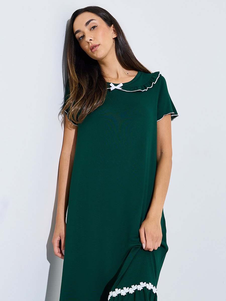 Green Short Sleeve Ruffle Trim Nightdress