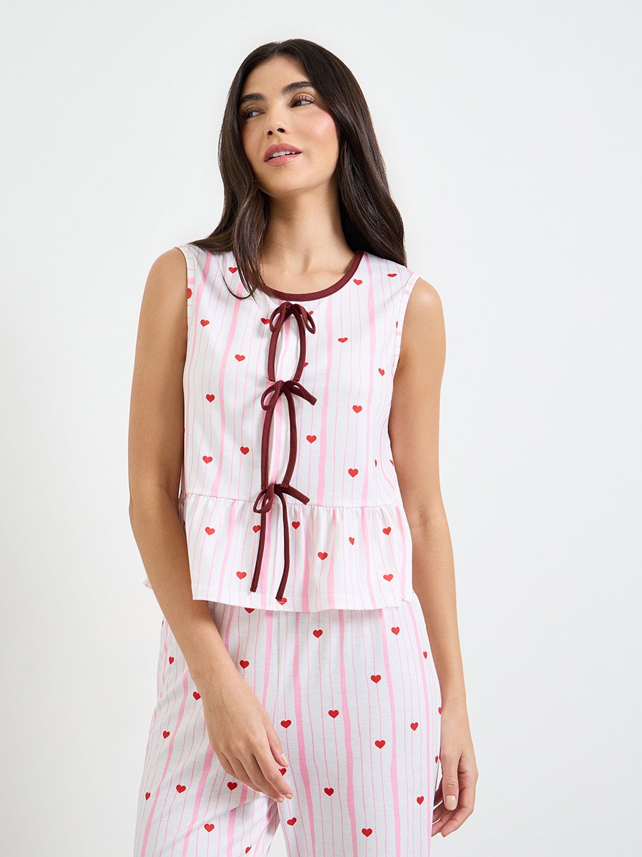 White Heart Bow Detail Top and Pyjama Set