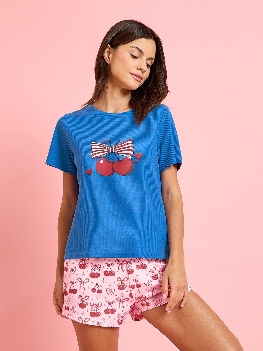 Blue Cherry Print Ribbed T-Shirt and Shorts Set