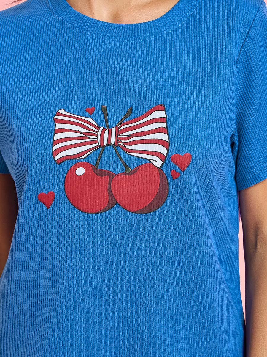Blue Cherry Print Ribbed T-Shirt and Shorts Set