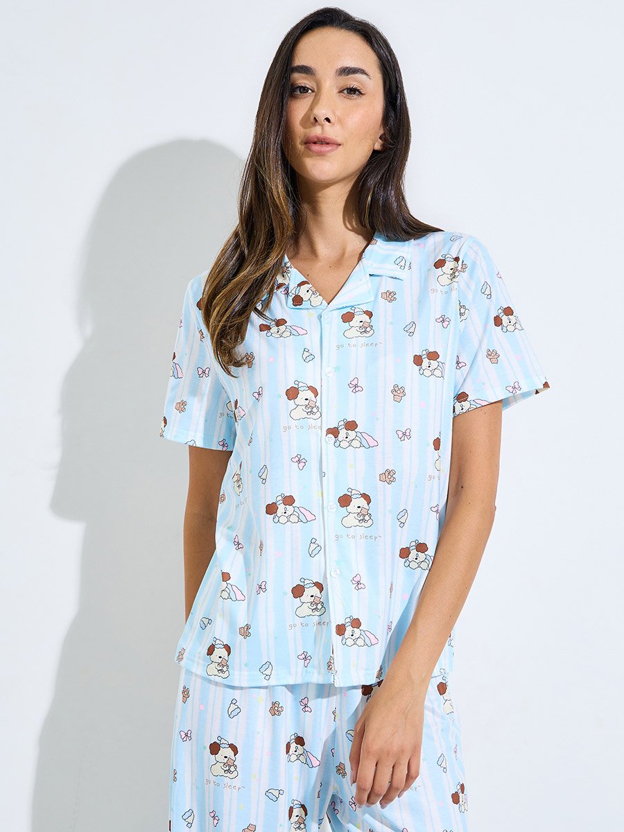 Blue Bear Print Shirt and Pyjama Set