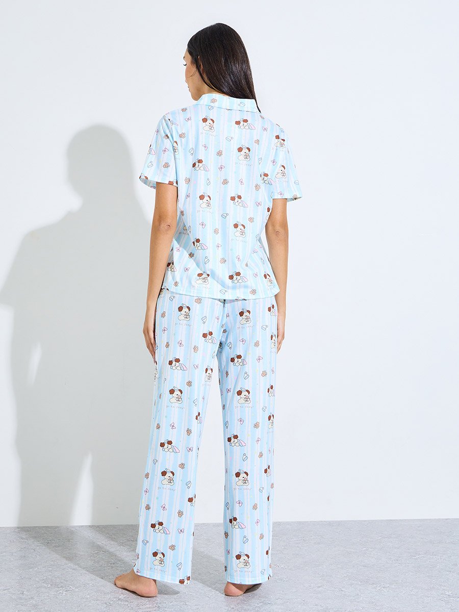 Blue Bear Print Shirt and Pyjama Set