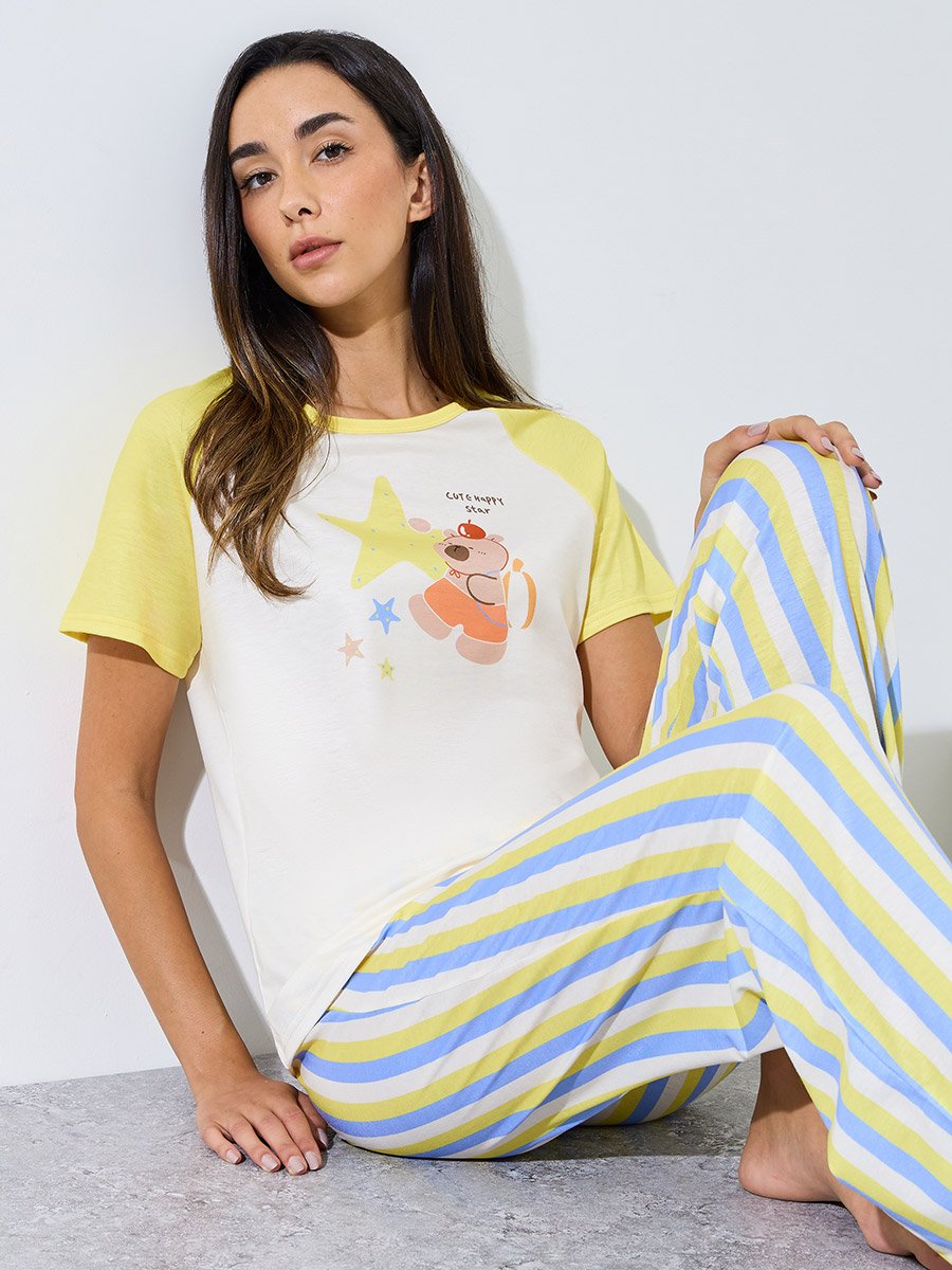 Yellow Printed Raglan T-Shirt and Striped Pyjama Set