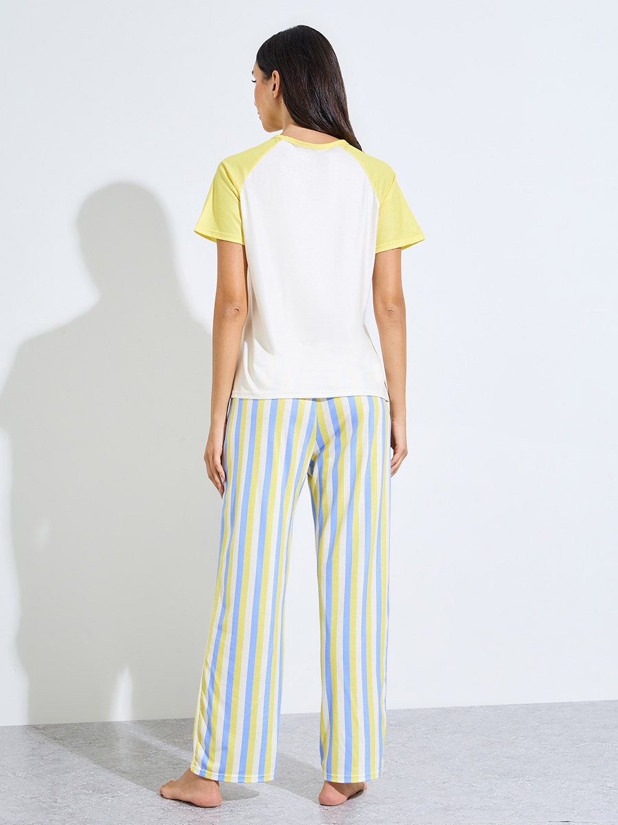 Yellow Printed Raglan T-Shirt and Striped Pyjama Set