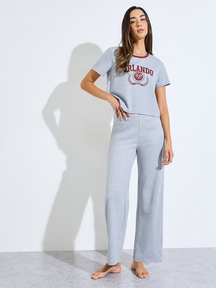 Grey Graphic Print T-Shirt and Pyjama Set