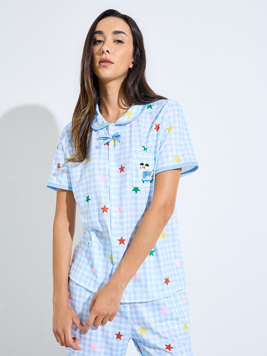 Blue Stars Print Checked Bow Detail Shirt and Pants Pyjama Set