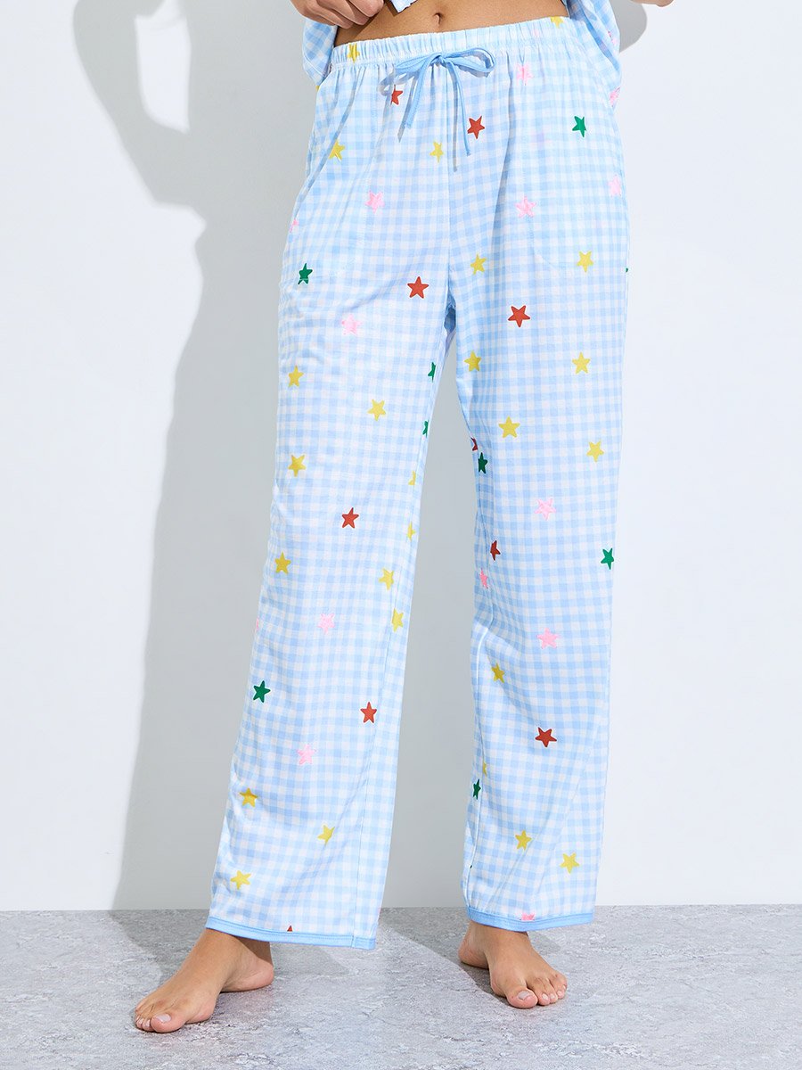 Blue Stars Print Checked Bow Detail Shirt and Pants Pyjama Set