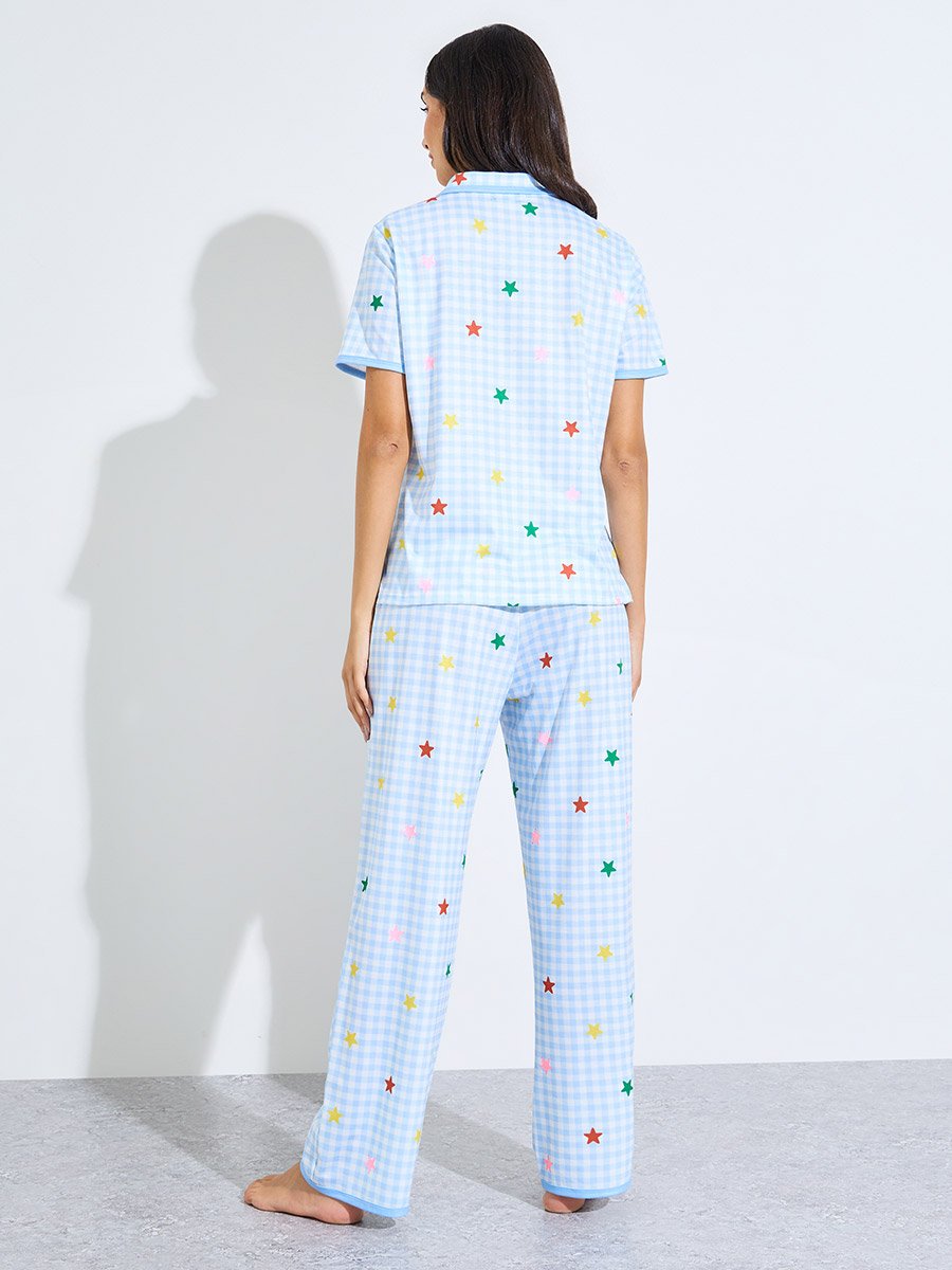 Blue Stars Print Checked Bow Detail Shirt and Pants Pyjama Set
