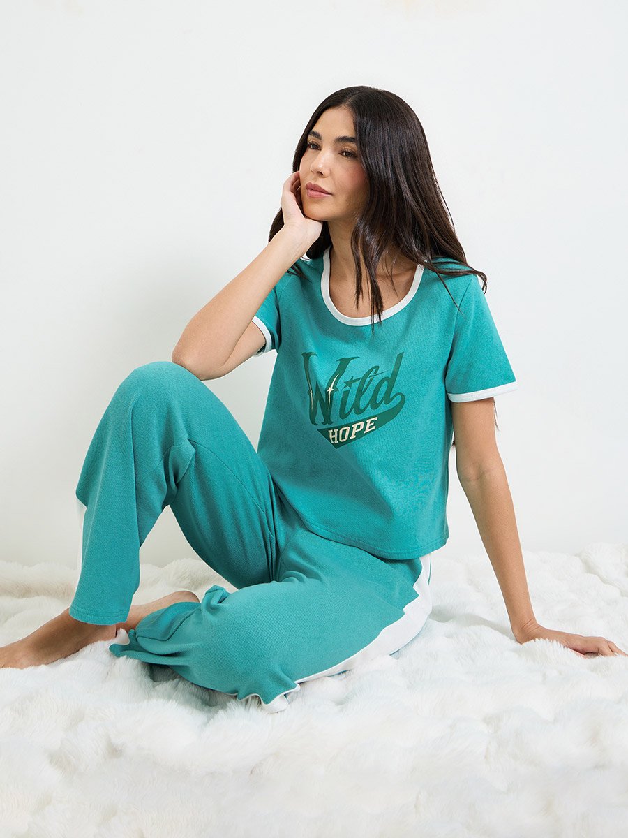 Green Slogan Print T-Shirt and Pyjama Set