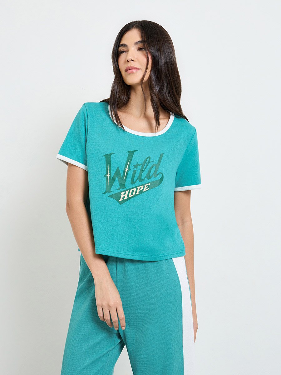 Green Slogan Print T-Shirt and Pyjama Set