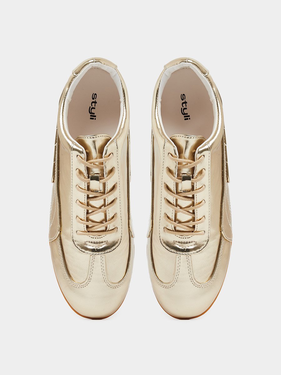 Gold Metallic Lace-Up Sneakers