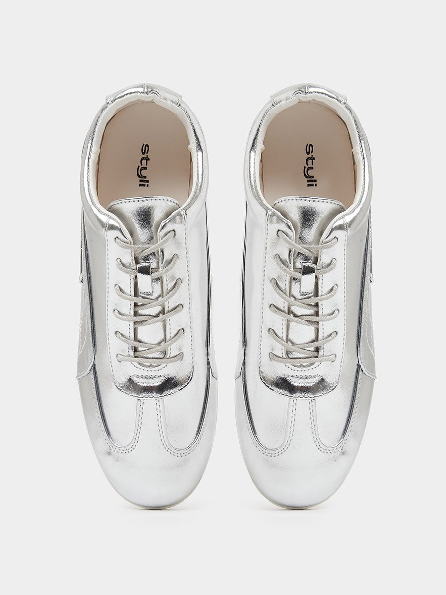 Silver Metallic Lace-Up Sneakers