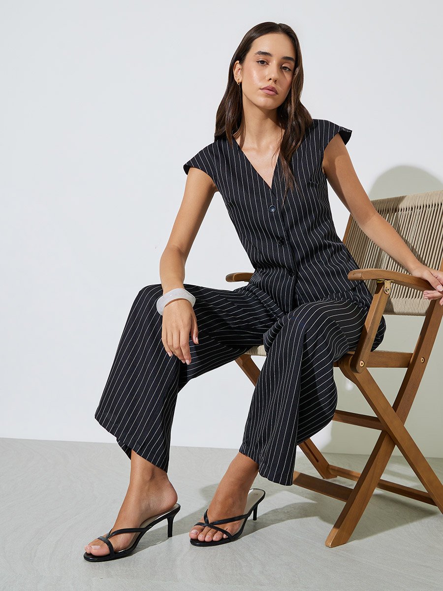 Black Pinstripe Waistcoat and Wide-Leg Co-Ord Set