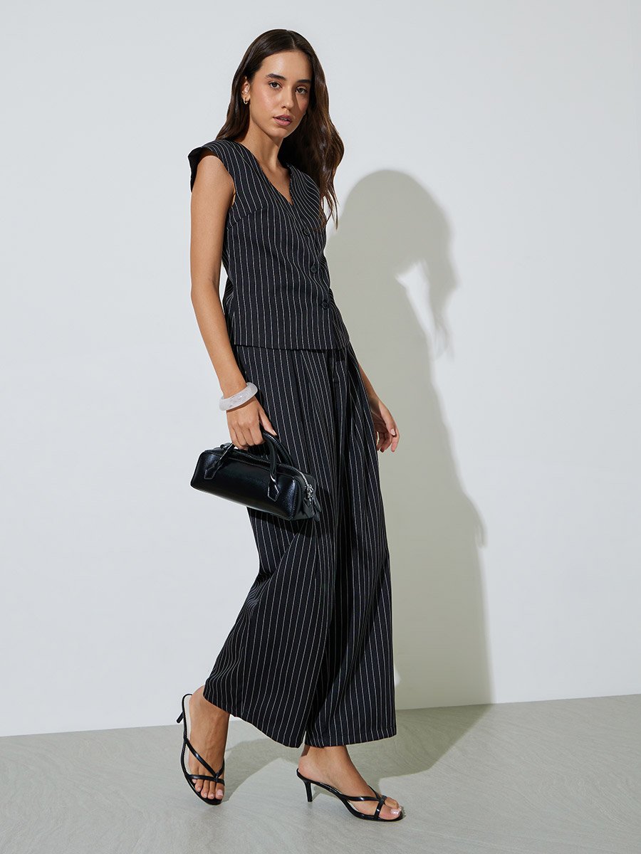 Black Pinstripe Waistcoat and Wide-Leg Co-Ord Set