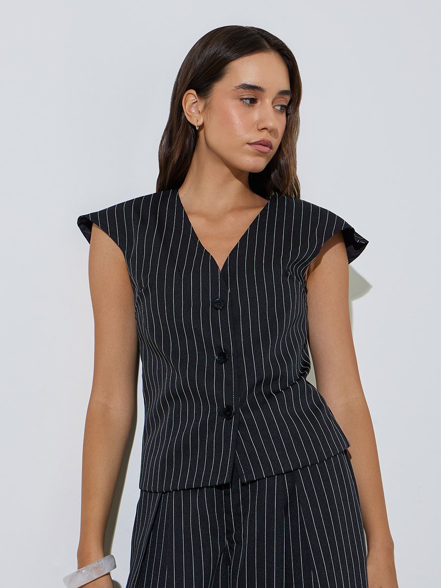 Black Pinstripe Waistcoat and Wide-Leg Co-Ord Set