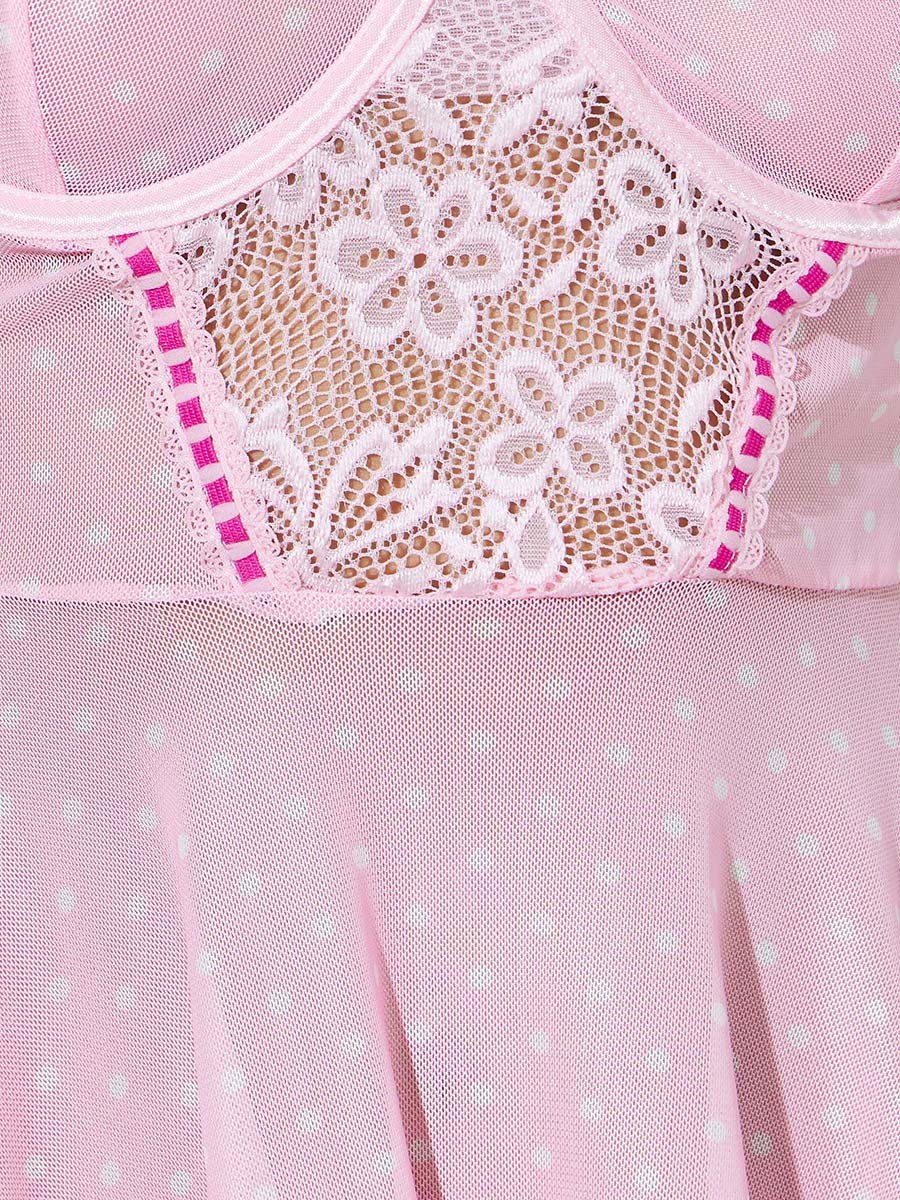 Pack of 3 - Polka Dot Underwired Babydoll with Lace Panel, Brief and Stockings