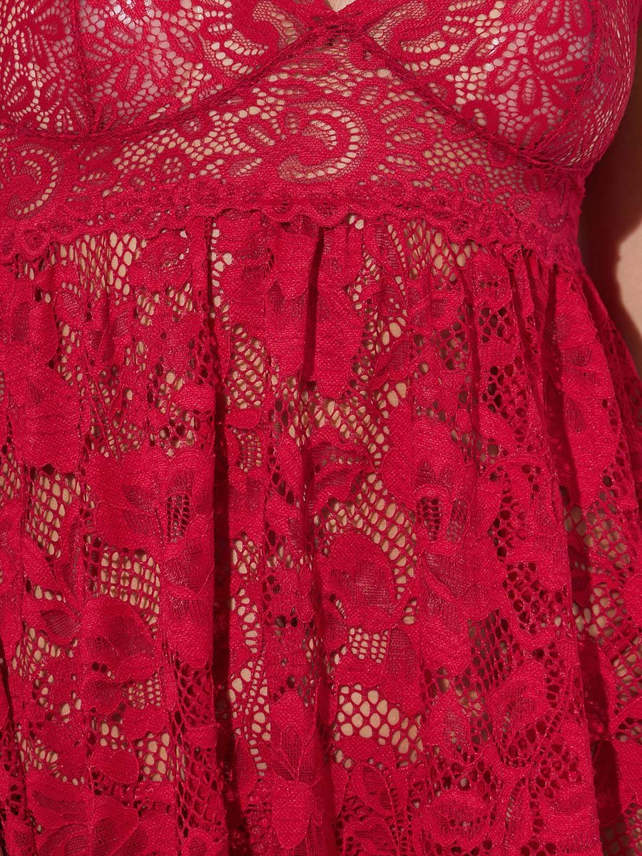 Burgundy Floral Lace and Mesh Babydoll with Brief